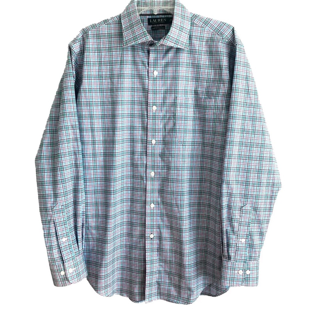 Lauren Ralph Lauren Shirt Mens 16 1/2 Blue Plaid Classic Fit Stretch Non Iron